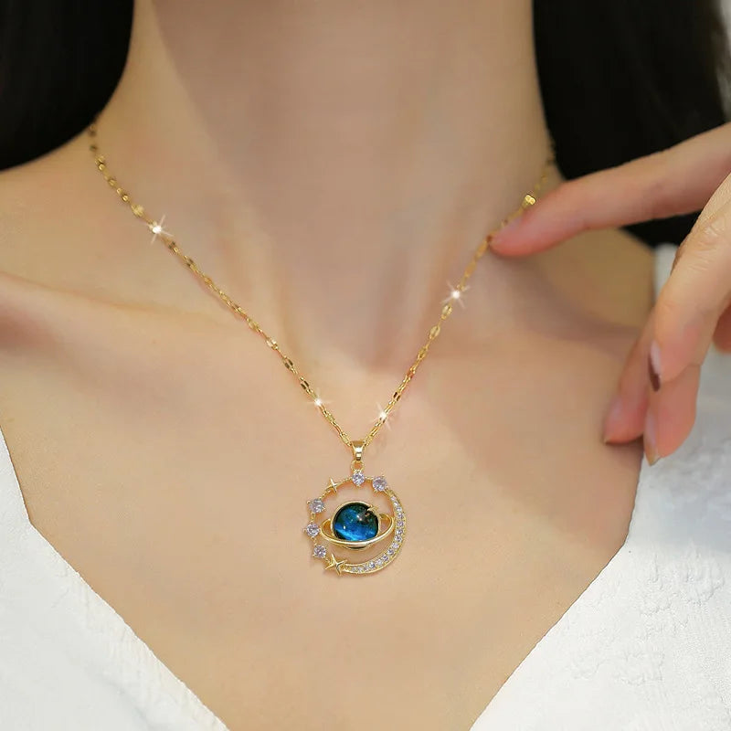 Exquisite Starry Sky Planet Light Luxurious Temperament Gorgeous Necklace Stars and Moon Versatile-Dollar Bargains Online Shopping Australia