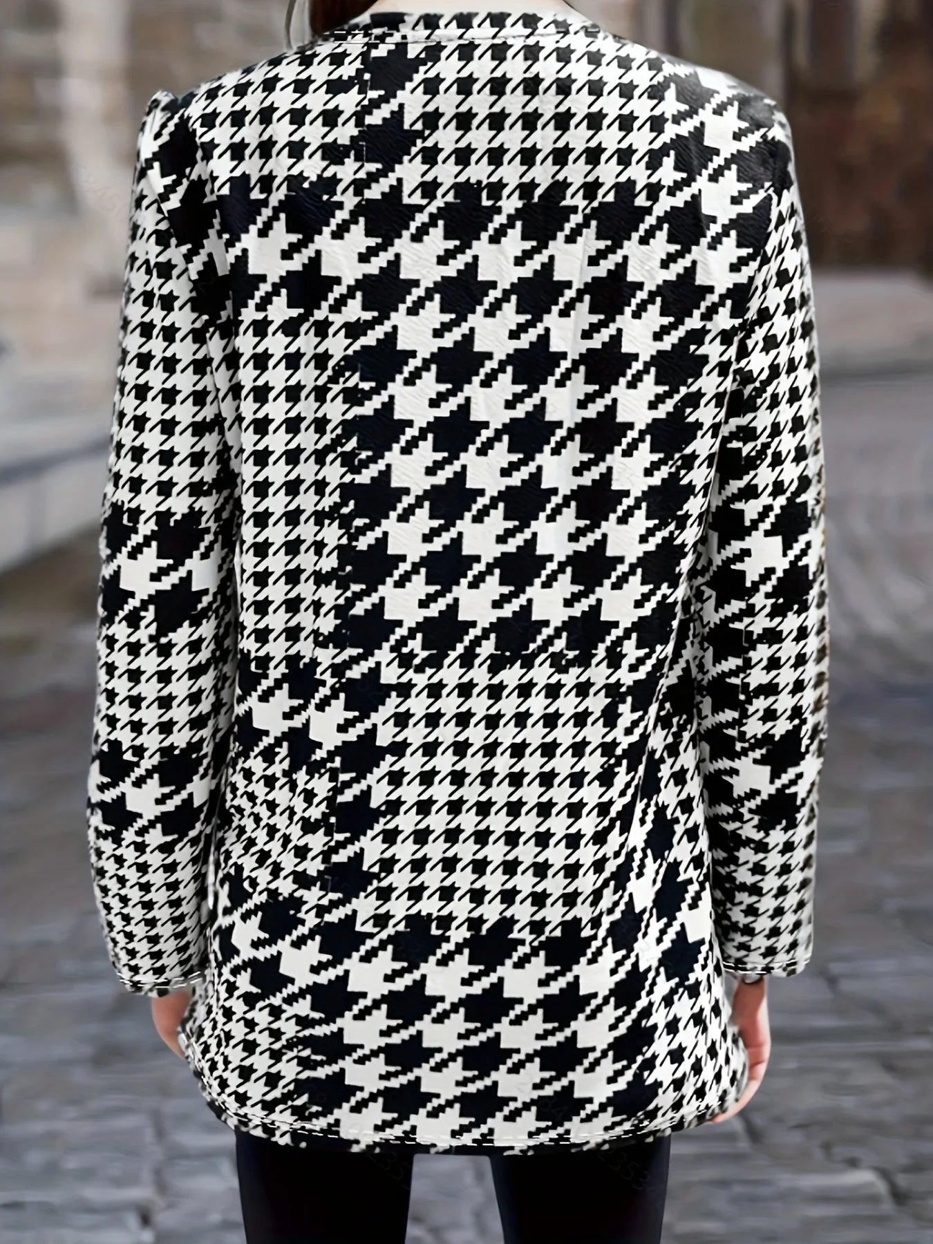 Houndstooth Printed Full Long Sleeve Outerwear Women Casual O Neck Overcoats Ladies Basic Chic Long Coats