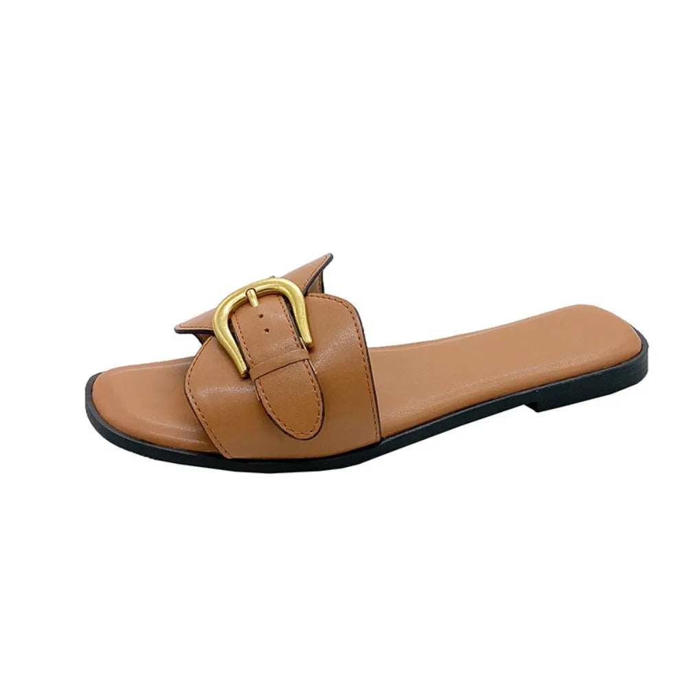 Summer Women Slippers Leather Square Toe Women Flats Flip Flops Designer Ladies Slides Sandals Women Shoes Luxury Sandals-Dollar Bargains Online Shopping Australia