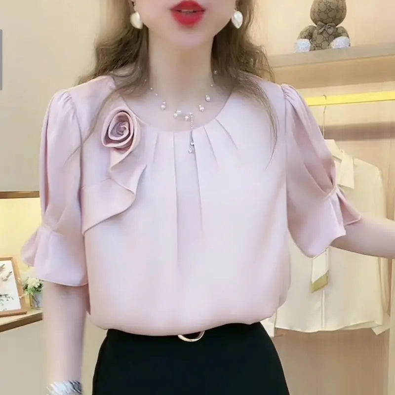 Folds Spliced Blouse Fashion All-match Round Neck Short Sleeve Shirt Women's-Dollar Bargains Online Shopping Australia