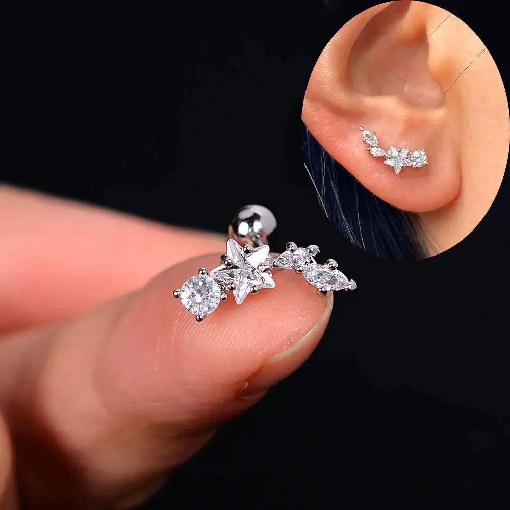 Flower Leaf Tragus Helix Piercing Studs Earrings Women Mini Crystal CZ Stainless Steel-Dollar Bargains Online Shopping Australia