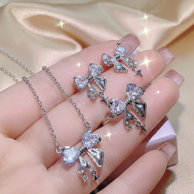 Crystal Angel Wings Heart Pendant Necklaces Set Ladies Girl Simple Y2K Pink White Zircon Love Elegant Necklace Women Jewelry Set-Dollar Bargains Online Shopping Australia