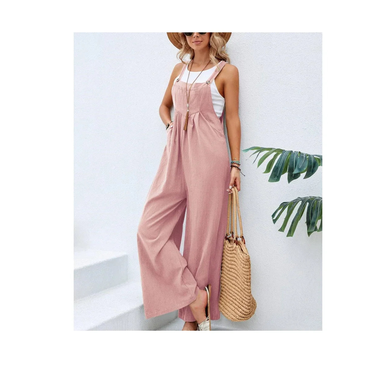 Retro Casual Cotton Suspender Long Pant Pockets Button Wide Leg Strap Jumpsuit Loose Rompers Overalls-Dollar Bargains Online Shopping Australia