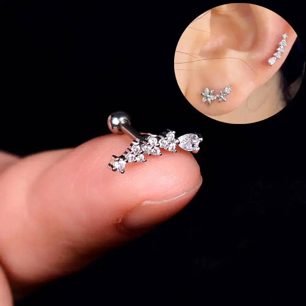 Flower Leaf Tragus Helix Piercing Studs Earrings Women Mini Crystal CZ Stainless Steel-Dollar Bargains Online Shopping Australia