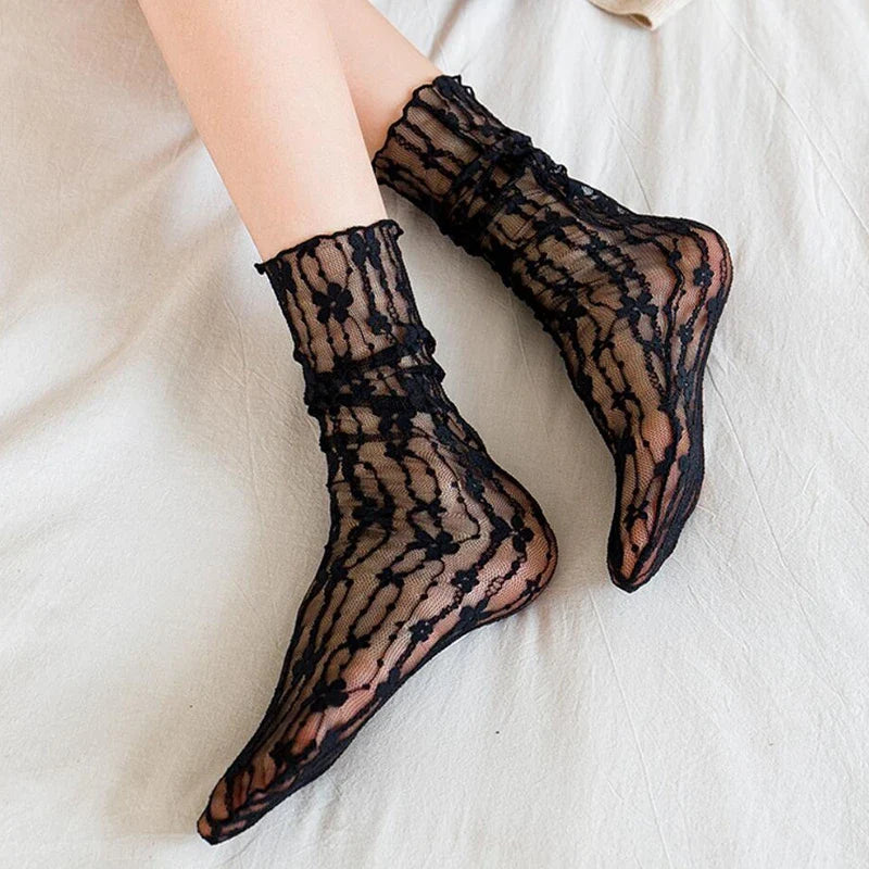 Women Sexy Lace Flower Fashion Ultra-thin Transparent Summer Japan Style Hollow Mesh Crew Socks Harajuku Retro Long Kawaii Socks-Dollar Bargains Online Shopping Australia