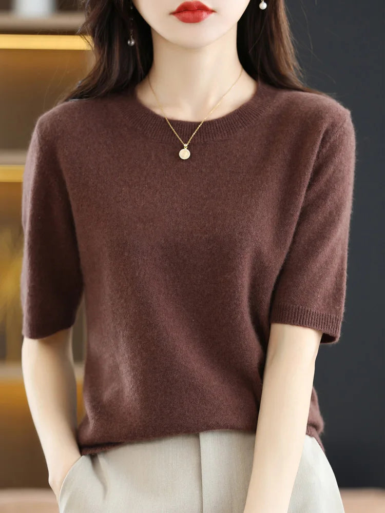 Short-sleeved Knitwear Women O-neck T-shirt Wool Cotton Blend Pullover Vest Sprig Summer Bottoming Tops Sweater Solid Soft-Dollar Bargains Online Shopping Australia