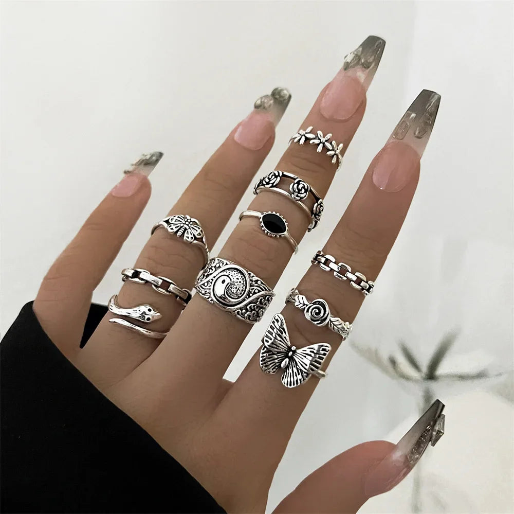 21pcs/set Punk Gothic Butterfly Snake Heart Rings Set For Women Men Vintage Silver Plated Geometric Finger Rings Party Jewelry-Dollar Bargains Online Shopping Australia