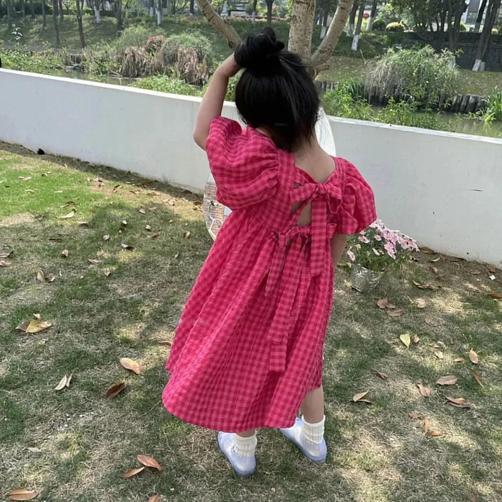 Plaid Bow Dress Elegant Lolita Child Big Girls Midi Dress Children Dresses Teens Party Princess Sundress