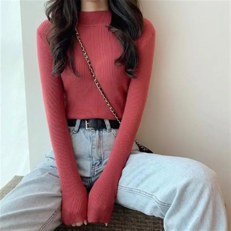 Sweater Top Women Ribbed Soft Mock Neck Elastic Pullover Warm Solid Color Slim Jumper-Dollar Bargains Online Shopping Australia