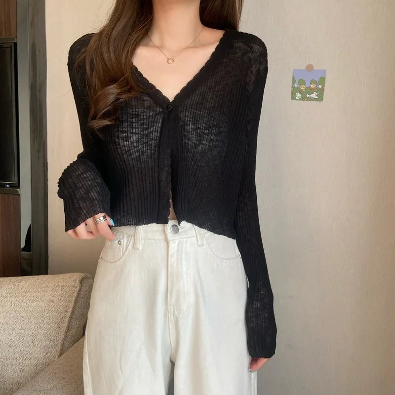 Sexy Women V Neck Button Long Sleeve Cropped Knitted Loose Sweater Tops-Dollar Bargains Online Shopping Australia