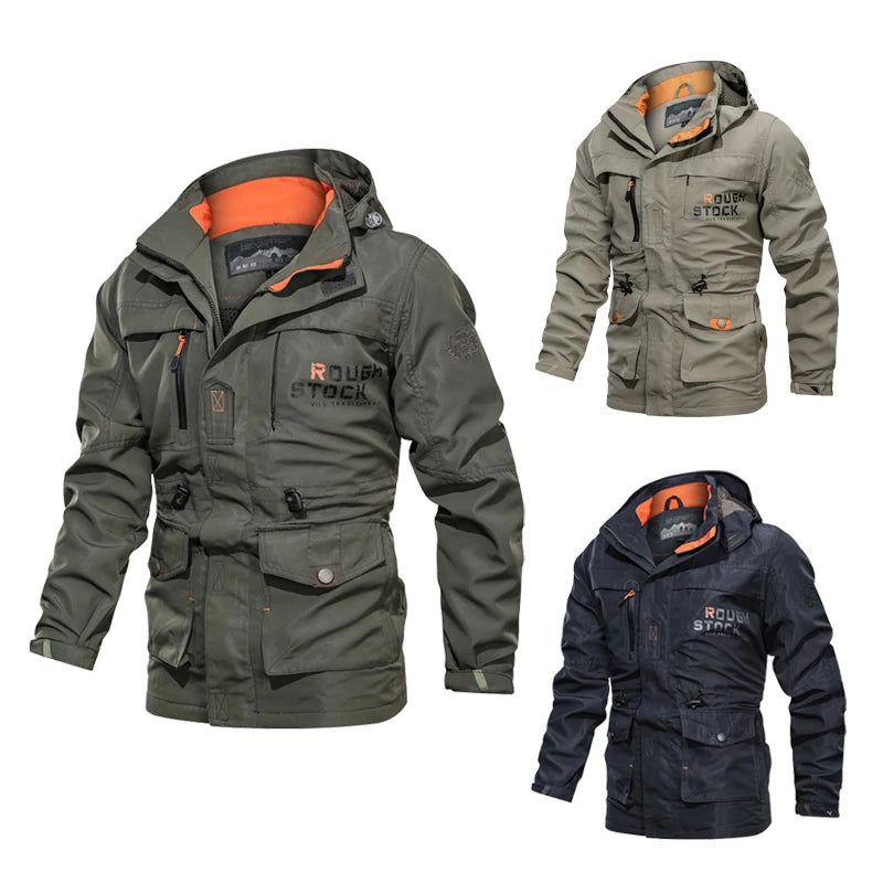 Men Tactical Zipper Jacket Outdoor Hooded Multi Pocket Windbreaker Waterproof Fashion Coat Camping Triping Casual Spring Clothes