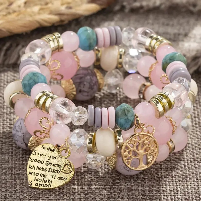 Bohemian Pink Crystal Beads Heart Charm Bracelets Women Girls Ethnic Tree Of Life Charm Wrap Bracelet-Dollar Bargains Online Shopping Australia