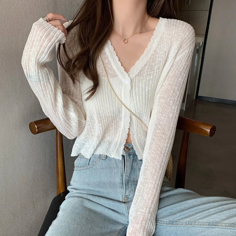 Sexy Women V Neck Button Long Sleeve Cropped Knitted Loose Sweater Tops-Dollar Bargains Online Shopping Australia