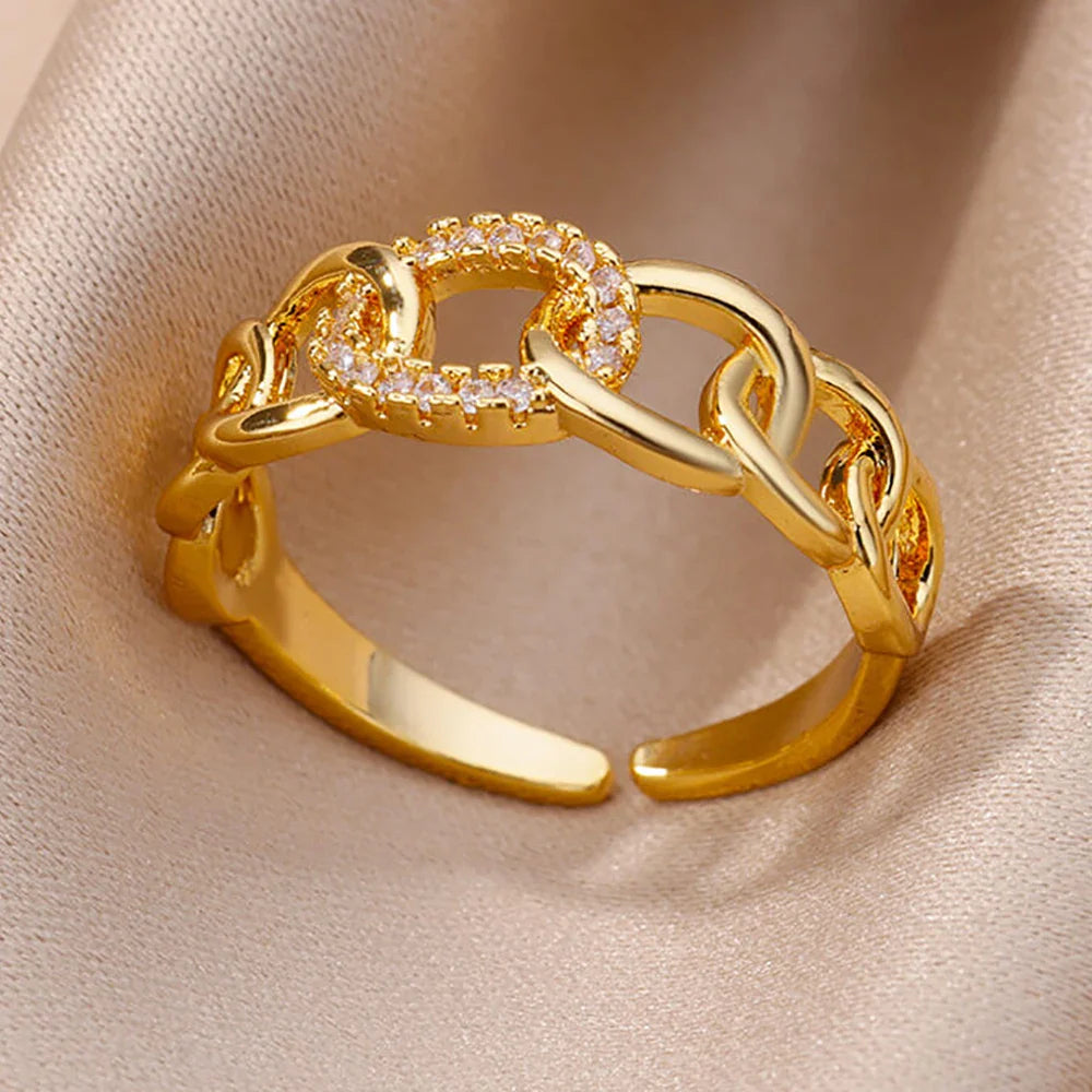 Gold Color Stainless Steel Rings For Women Chain Hollow Out Crystal Zircon Finger Ring-Dollar Bargains Online Shopping Australia