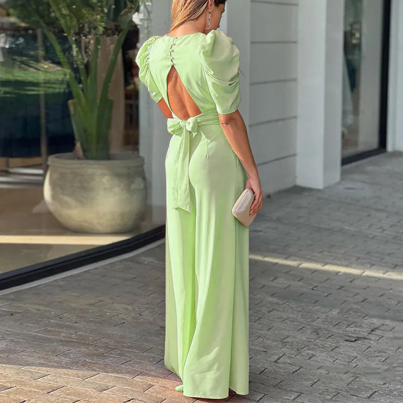 Casual Elegant Women's Summer Trendy Deep V-Neck Puff Sleeve Hollow Backless High Waist Jumpsuit Sexy Slim Pearl Button Belt-Dollar Bargains Online Shopping Australia