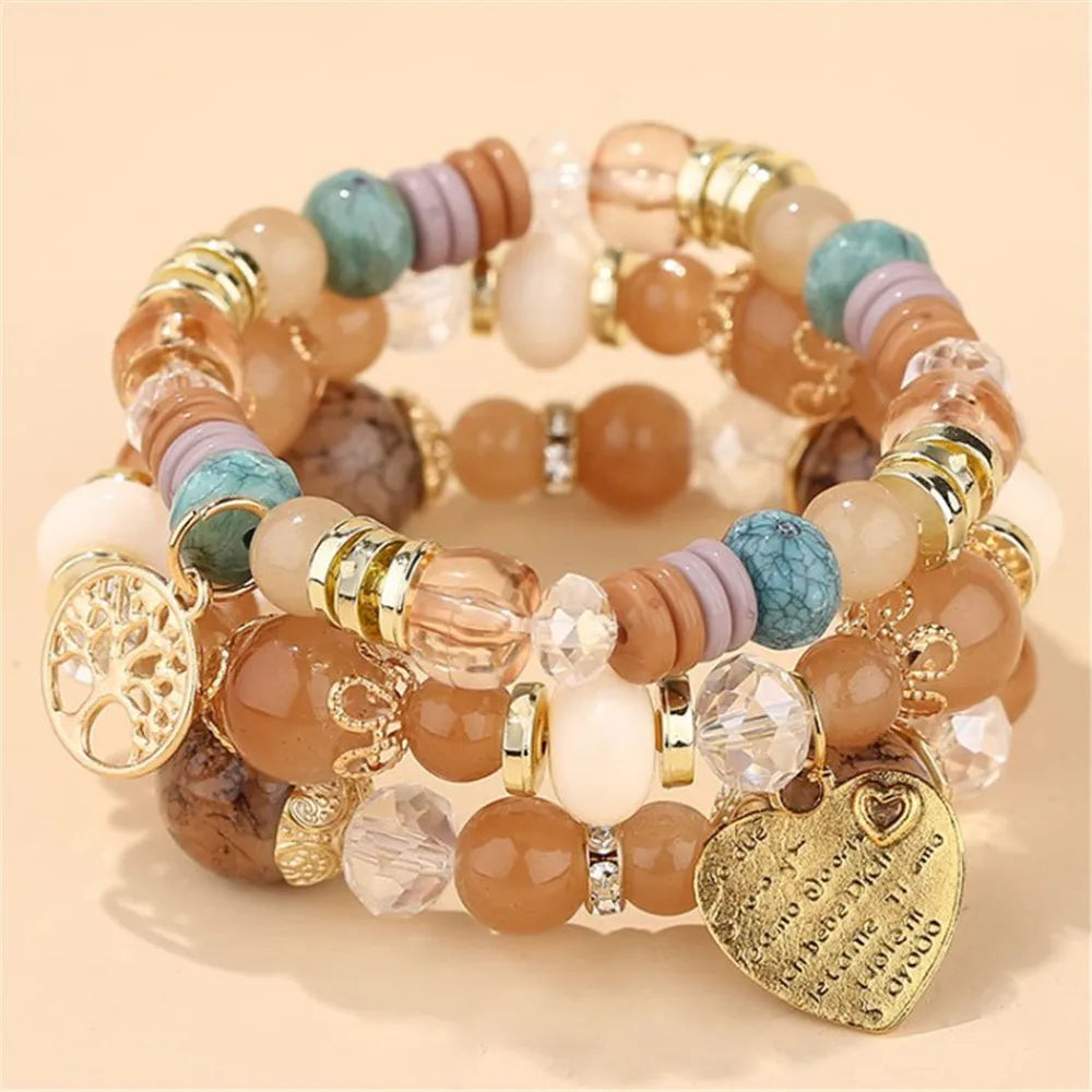 Bohemian Pink Crystal Beads Heart Charm Bracelets Women Girls Ethnic Tree Of Life Charm Wrap Bracelet-Dollar Bargains Online Shopping Australia