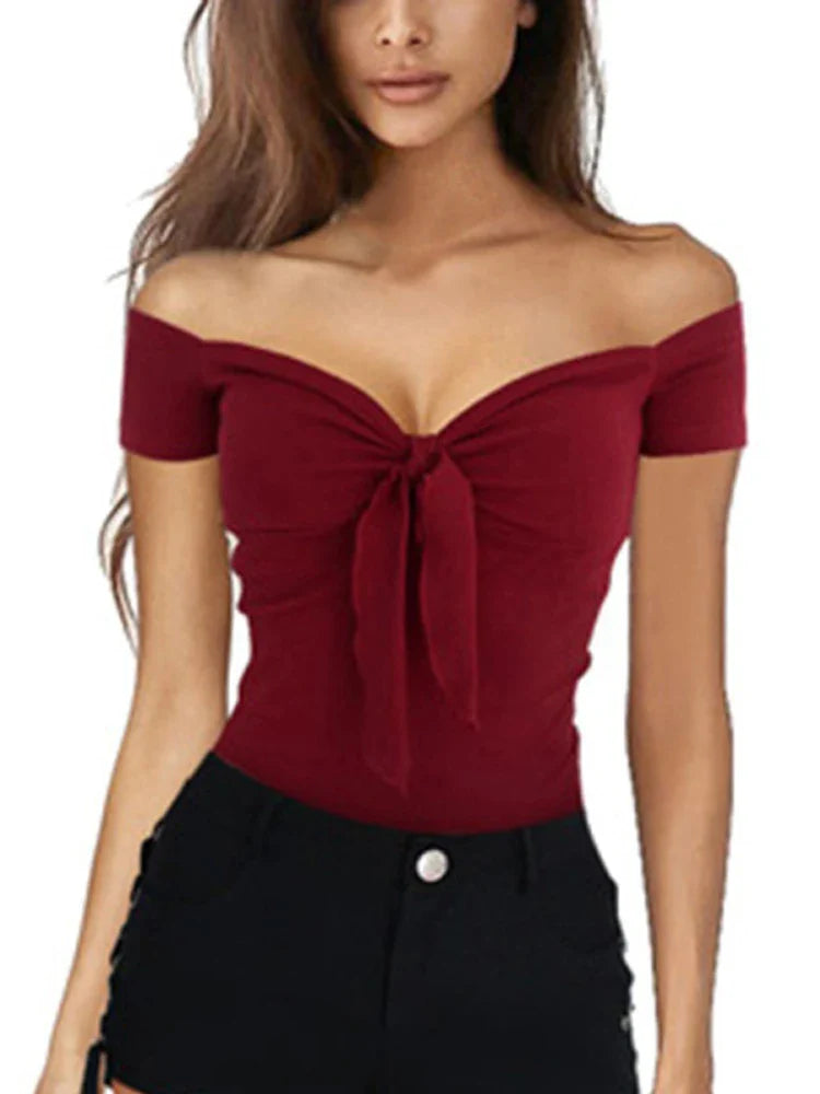 Summer Solid Color Basic Casual Short Sleeve V-neck Off Shoulder Top Sexy Beach Party Slim Fit T-shirt Sweet Style Women's Wear-Dollar Bargains Online Shopping Australia