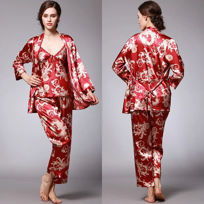 Women's Silk Satin Pajamas Set 3 Pcs Floral Silky Pj Sets Sleepwear Cami Nightwear with Robe and Pant-Dollar Bargains Online Shopping Australia