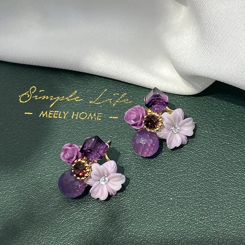 Purple Crystal Flower Earrings for Women with Gentle Temperament Wedding Party Anniversary Gift Jewelry-Dollar Bargains Online Shopping Australia