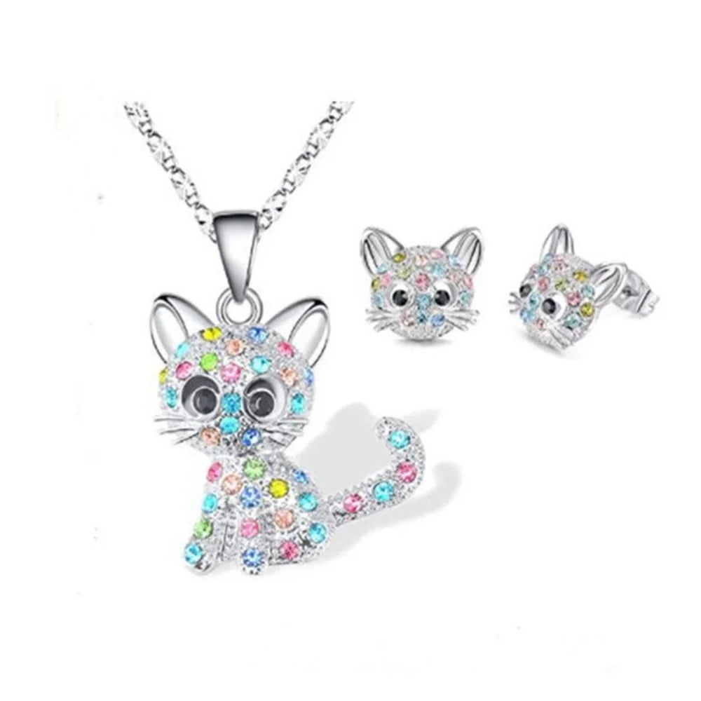 Exquisite Fashion Cute Little Cat Earrings Necklace Animal Jewelry Set for Women Daily Accessories Anniversary Party Gift-Dollar Bargains Online Shopping Australia