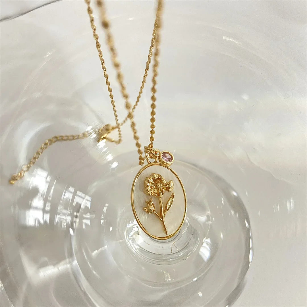 12 Birth Month Flower Birthstone Necklace for Women Charm White Shell Pendant Necklaces Mom Girlfriend Birthday Gift-Dollar Bargains Online Shopping Australia