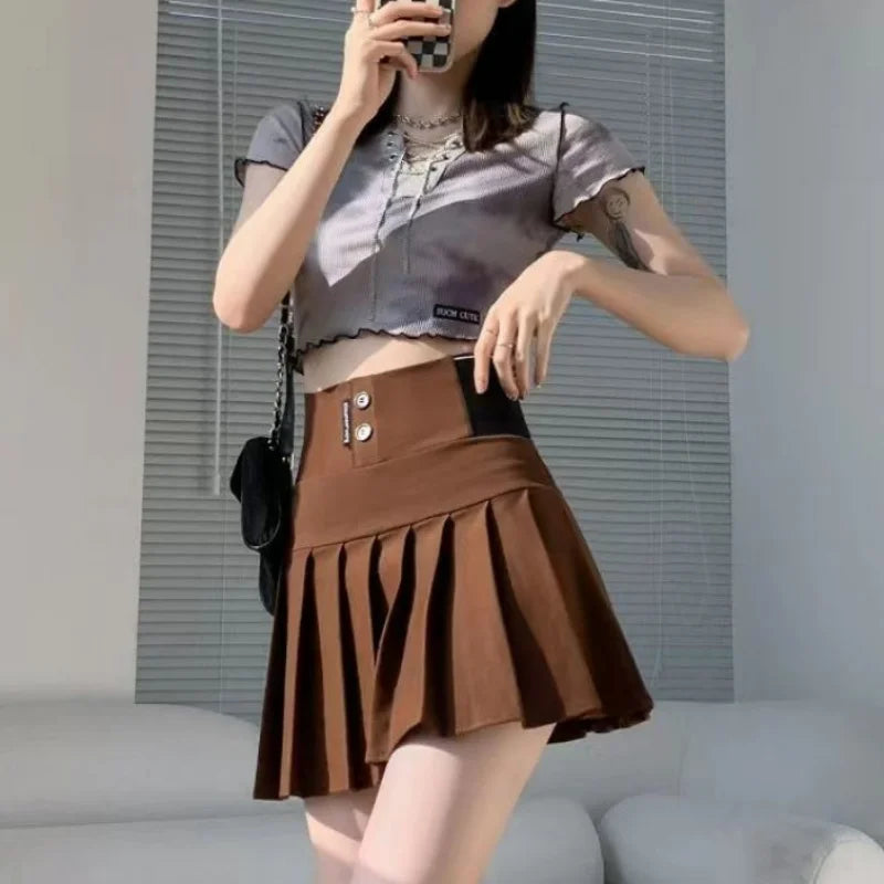 High Waist Women New Pleated Skirt Summer Solid Button Elastic A-line Wearing Safety Pants Fashion All-match Short Skirt-Dollar Bargains Online Shopping Australia