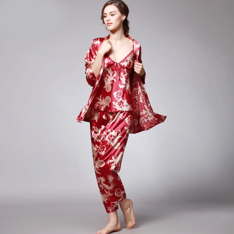 Women's Silk Satin Pajamas Set 3 Pcs Floral Silky Pj Sets Sleepwear Cami Nightwear with Robe and Pant-Dollar Bargains Online Shopping Australia