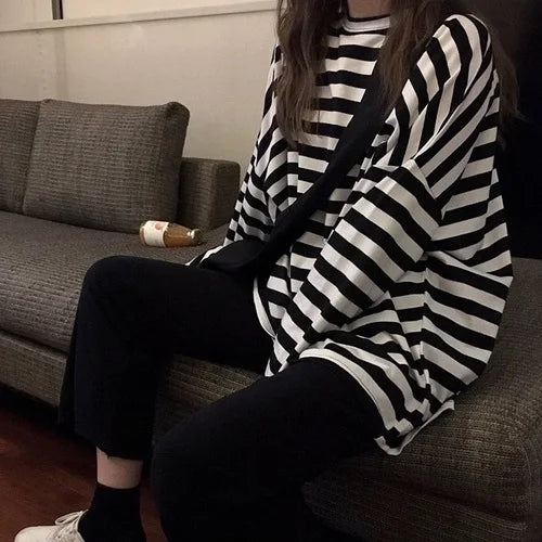 Women harajuku Striped Tshirt Long Sleeve O-Neck T-Shirts oversized T Shirt-Dollar Bargains Online Shopping Australia