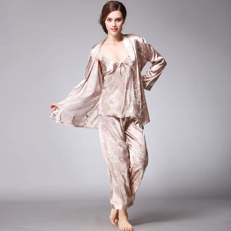 Women's Silk Satin Pajamas Set 3 Pcs Floral Silky Pj Sets Sleepwear Cami Nightwear with Robe and Pant-Dollar Bargains Online Shopping Australia