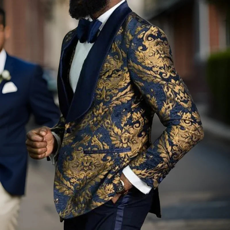 Floral Men Blazer Slim Fit with Satin Shawl Lapel Groom Suit Jacket for Wedding Male Fashion Costume