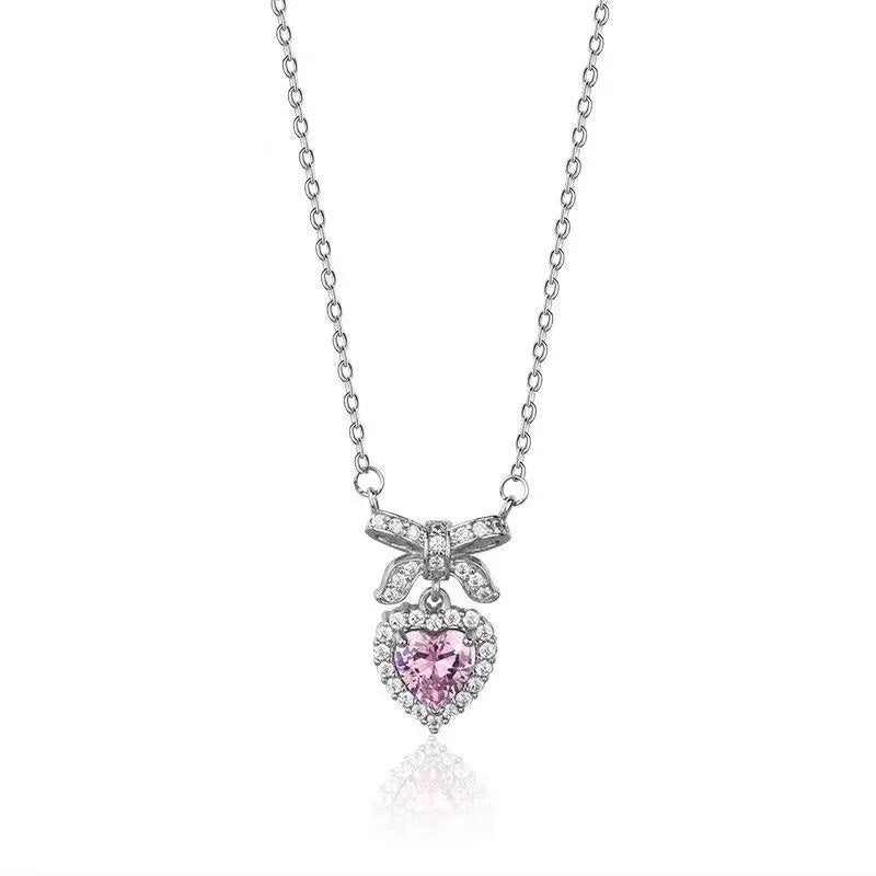 Shiny Y2K Pink Heart Necklace for Women Sweet Cool Teens Kpop Bowknot Rhinestone Delicated Clavicle Chain Choker Party Jewelry-Dollar Bargains Online Shopping Australia