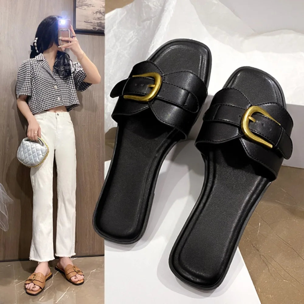 Summer Women Slippers Leather Square Toe Women Flats Flip Flops Designer Ladies Slides Sandals Women Shoes Luxury Sandals-Dollar Bargains Online Shopping Australia