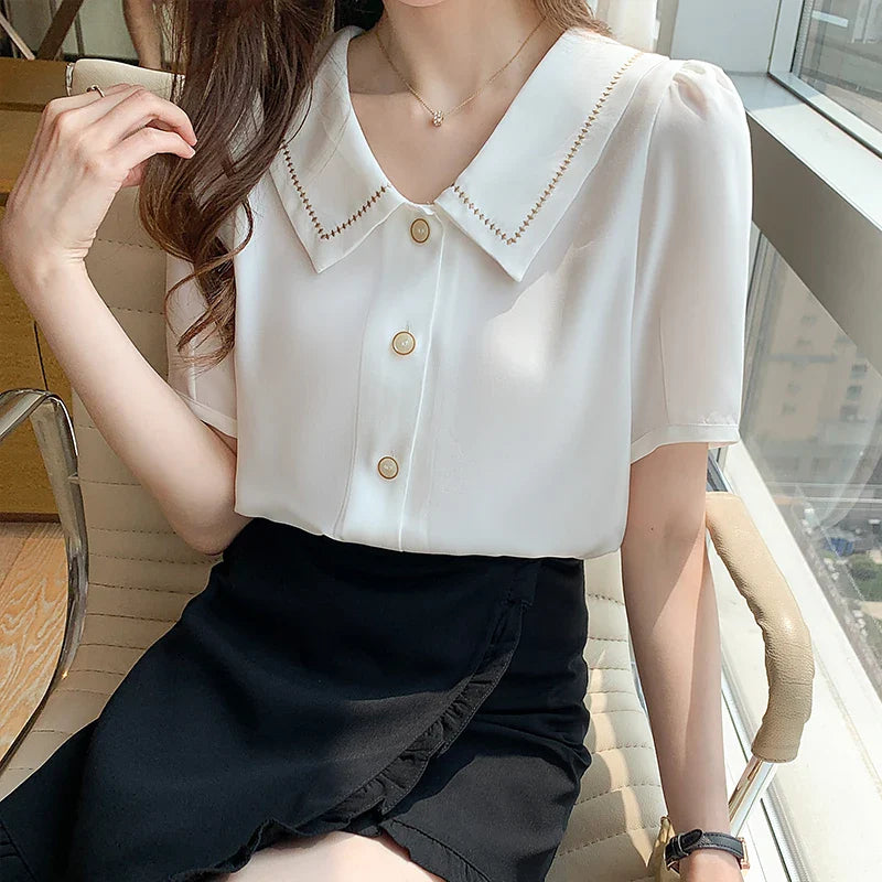 Blouses Tops Women Turn Down Collar Blouse Women White Blouse Short Sleeve Chiffon Blouse-Dollar Bargains Online Shopping Australia