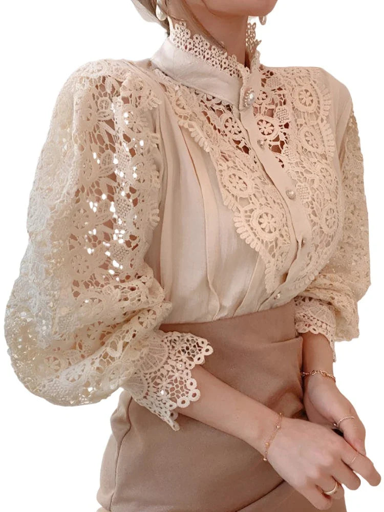 Women Chiffon Button Turtleneck Shirt Chic Elegant Floral Lace Fluffy Long Sleeve Top Fashion Hollow Oversize White Blouse-Dollar Bargains Online Shopping Australia