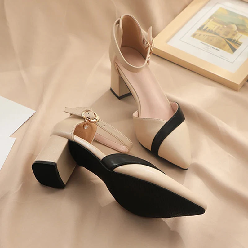 Med Heels Pumps Women Pointed Toe Ankle Strap High Heels Shoes Woman Pu Leather Patchwork Office Shoes Female-Dollar Bargains Online Shopping Australia