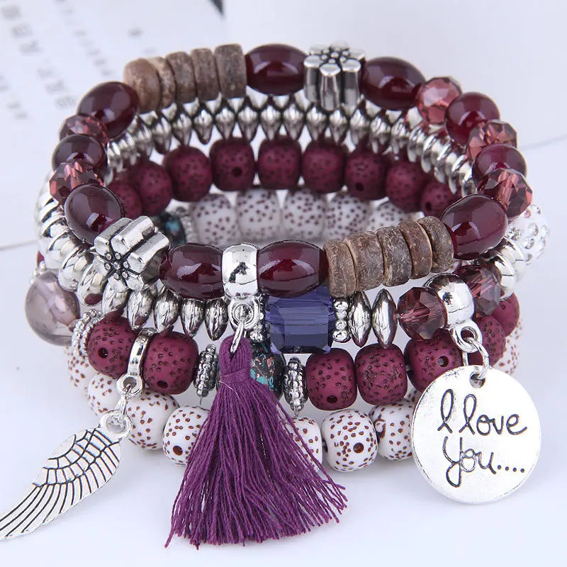 Bohemian Multicolor Pink Crystal Beads Bracelets Women Girls Elastic Tassel Wing Letters Rope Bracelet-Dollar Bargains Online Shopping Australia