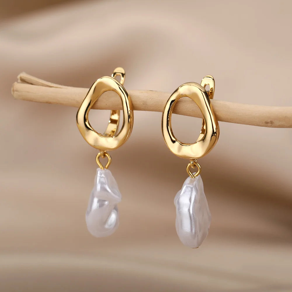 Fashion Circle Imitation Pearl Drop Earrings for Women Gold Color Stainless Steel Round Geometric Hoop Earring Wedding Jewelry-Dollar Bargains Online Shopping Australia