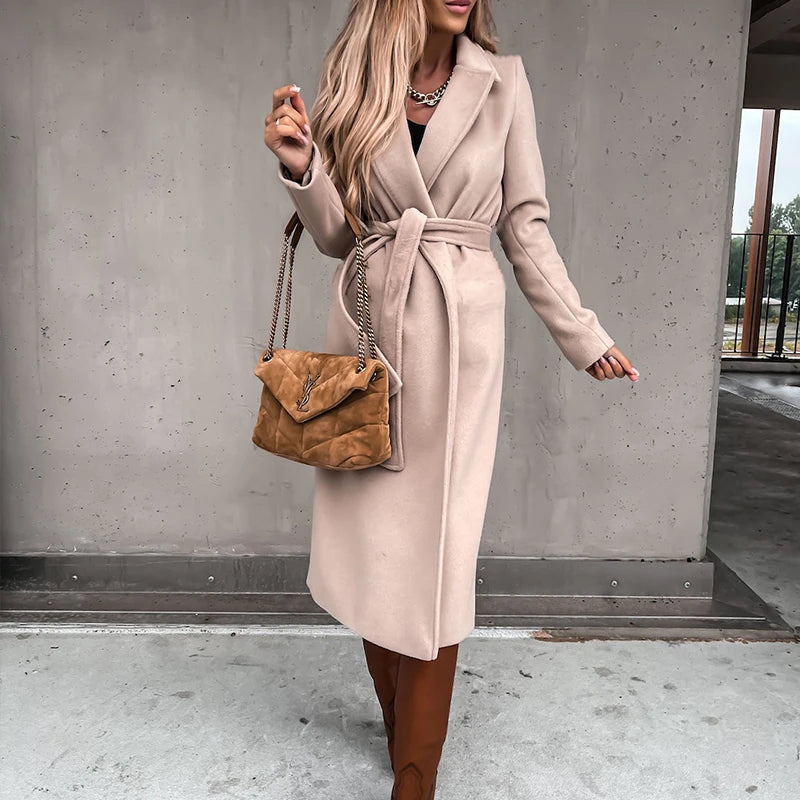 Warm Long Women Woolen Coat with Belt Casual Elegant Solid Color Female Windbreakers Overcoat