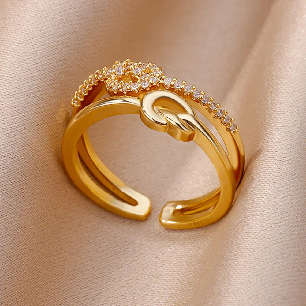 Gold Color Stainless Steel Rings For Women Chain Hollow Out Crystal Zircon Finger Ring-Dollar Bargains Online Shopping Australia