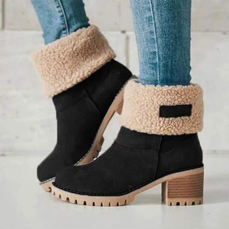 Casual Comfortable Plus Velvet Warm Square Heel Round Toe Solid Color Women's Ankle Boots