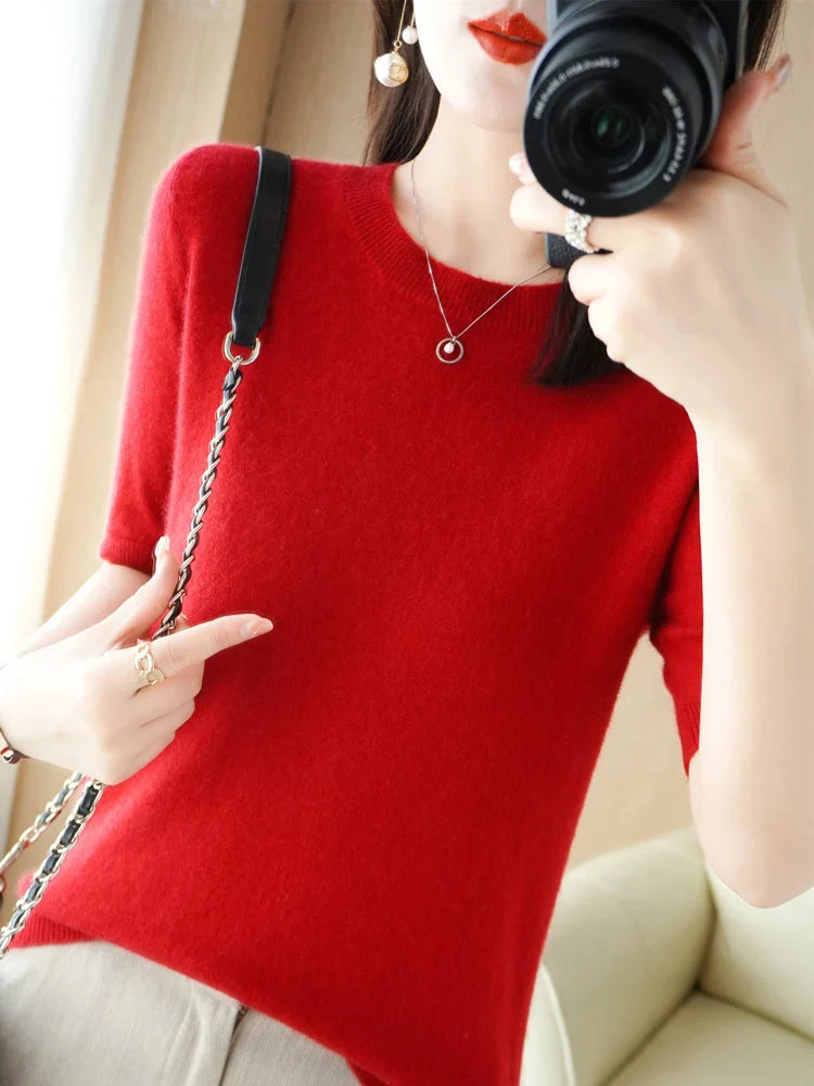 Short-sleeved Knitwear Women O-neck T-shirt Wool Cotton Blend Pullover Vest Sprig Summer Bottoming Tops Sweater Solid Soft-Dollar Bargains Online Shopping Australia