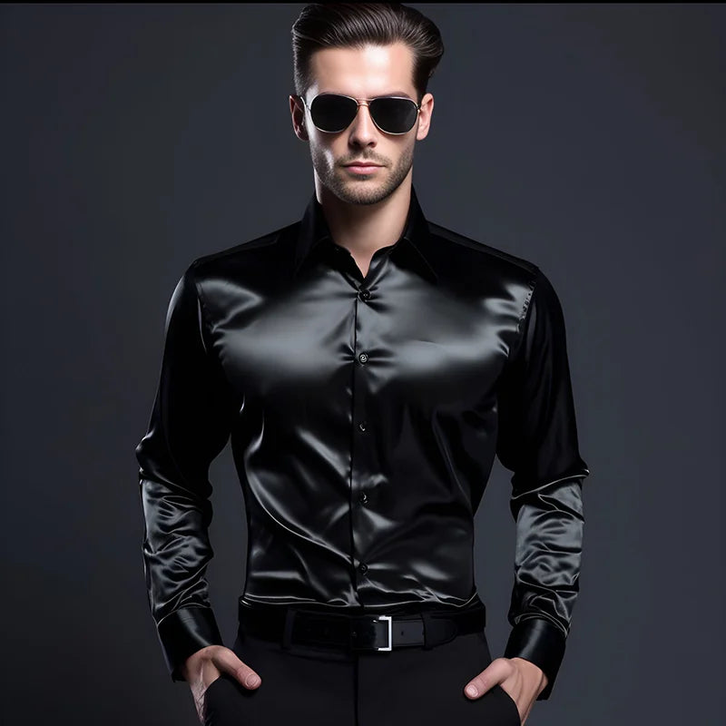 Men's Satin Luxury Dress Shirts Fashion Silk Smooth Male Tuxedo Shirt Solid Wedding Party Prom Casual Shirt Business Office-Dollar Bargains Online Shopping Australia