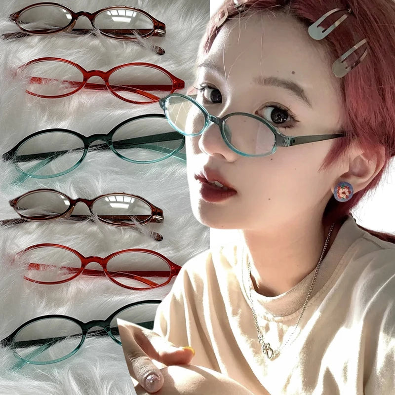 Japanese Harajuku Retro Oval Glasses Frame Women No Makeup Fashion Anti-blue Glasses Men Contrasting Cute Decorative Glasses