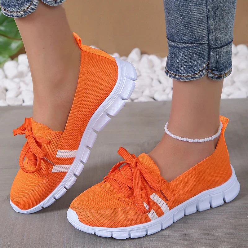 Mesh Knitted Striped Flats Shoes Women Lace Up Casual Sneakers Woman Breathable Soft Sole Loafers-Dollar Bargains Online Shopping Australia