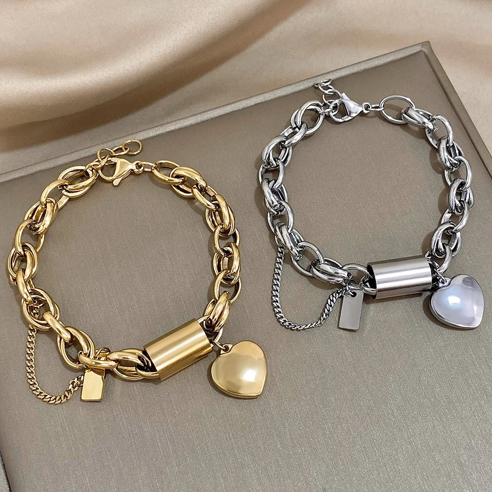 Heart Lock Stainless Steel Charm Bracelet Chunky Gold Plated Chain Love Bracelets Christmas Valentine Gift-Dollar Bargains Online Shopping Australia