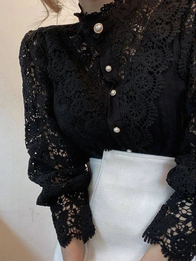 Women Chiffon Button Turtleneck Shirt Chic Elegant Floral Lace Fluffy Long Sleeve Top Fashion Hollow Oversize White Blouse-Dollar Bargains Online Shopping Australia