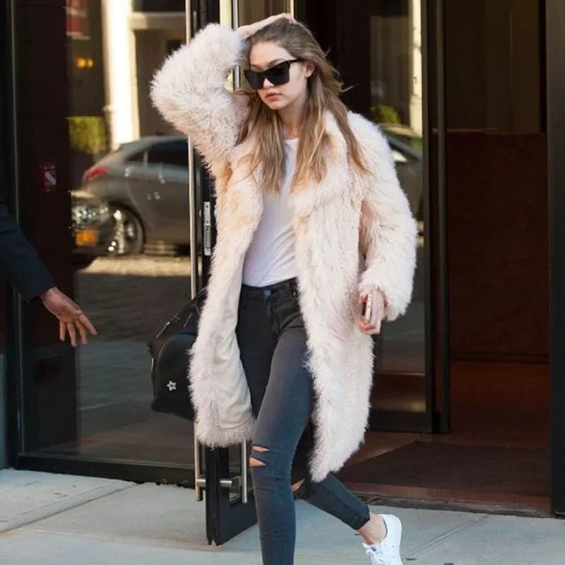 Faux Fur Long Jacket Lapel Furry Coats Overcoat Women Fashion Winter Warm Plush Trenchcoat-Dollar Bargains Online Shopping Australia