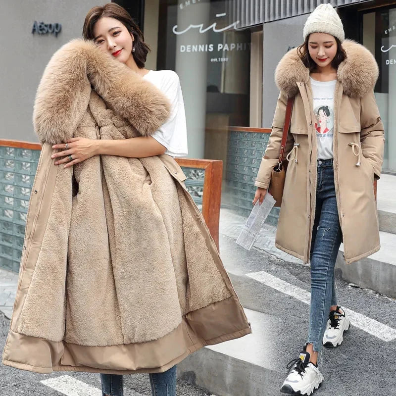 Women Parka Clothes Long Coat Wool Liner Hooded Jacket Fur Collar Thick Warm Snow Wear Fashion Parka