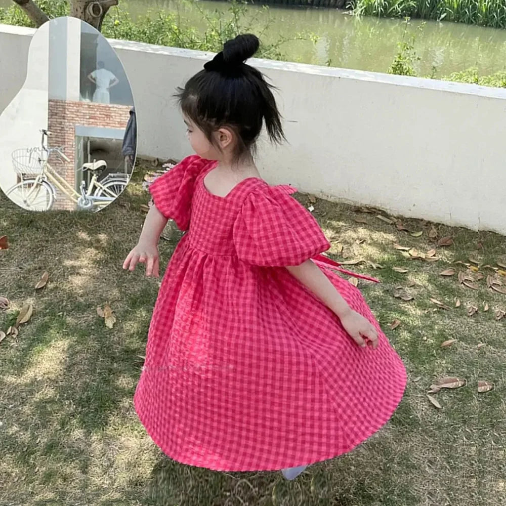 Plaid Bow Dress Elegant Lolita Child Big Girls Midi Dress Children Dresses Teens Party Princess Sundress