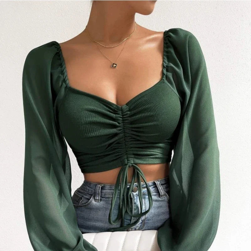 Mesh Lantern Sleeves Drawstring Wrap Chest Bare Midriff T Shirt Women Long Sleeves Bottoming-Dollar Bargains Online Shopping Australia